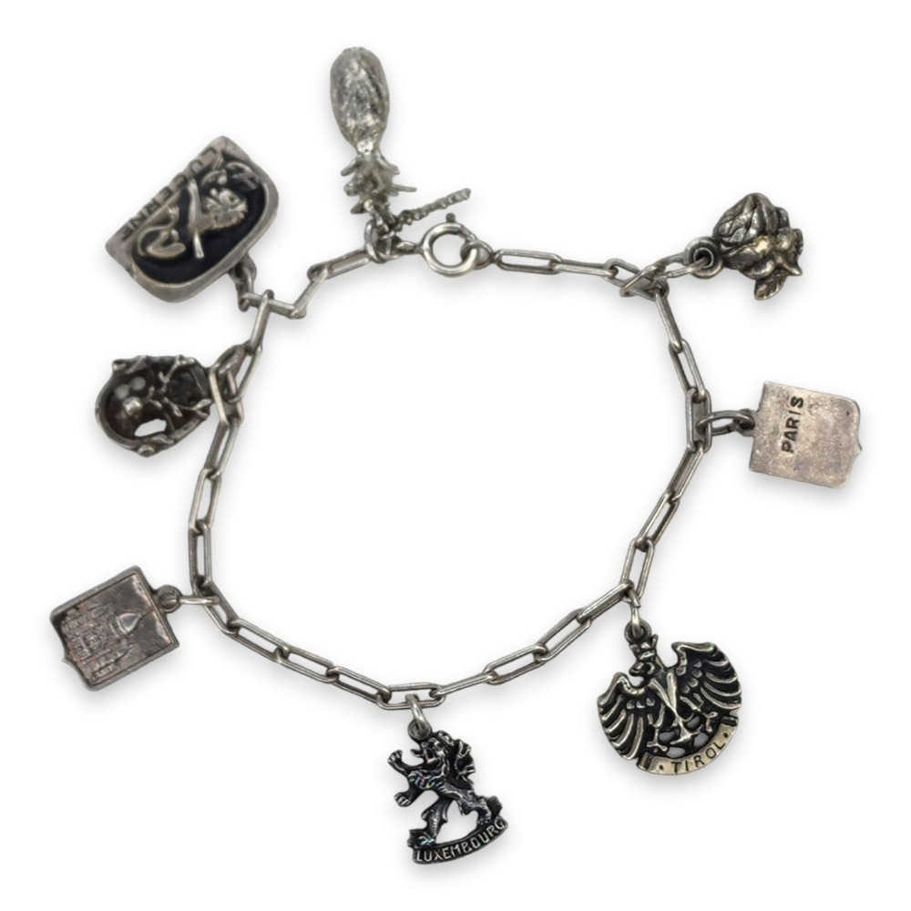 Vintage Charm Bracelet 925 Sterling Silver 7in Travel Souvenir Paper Clip